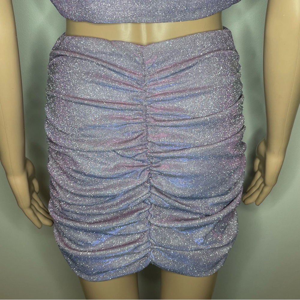 Purple Sparkly 2 Piece Cropped Tank Top & Ruched Skirt Set Rhinestone Straps - Picture 7 of 7